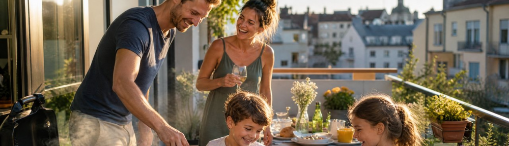 Familie grillt mit Gasherd auf dem Balkon